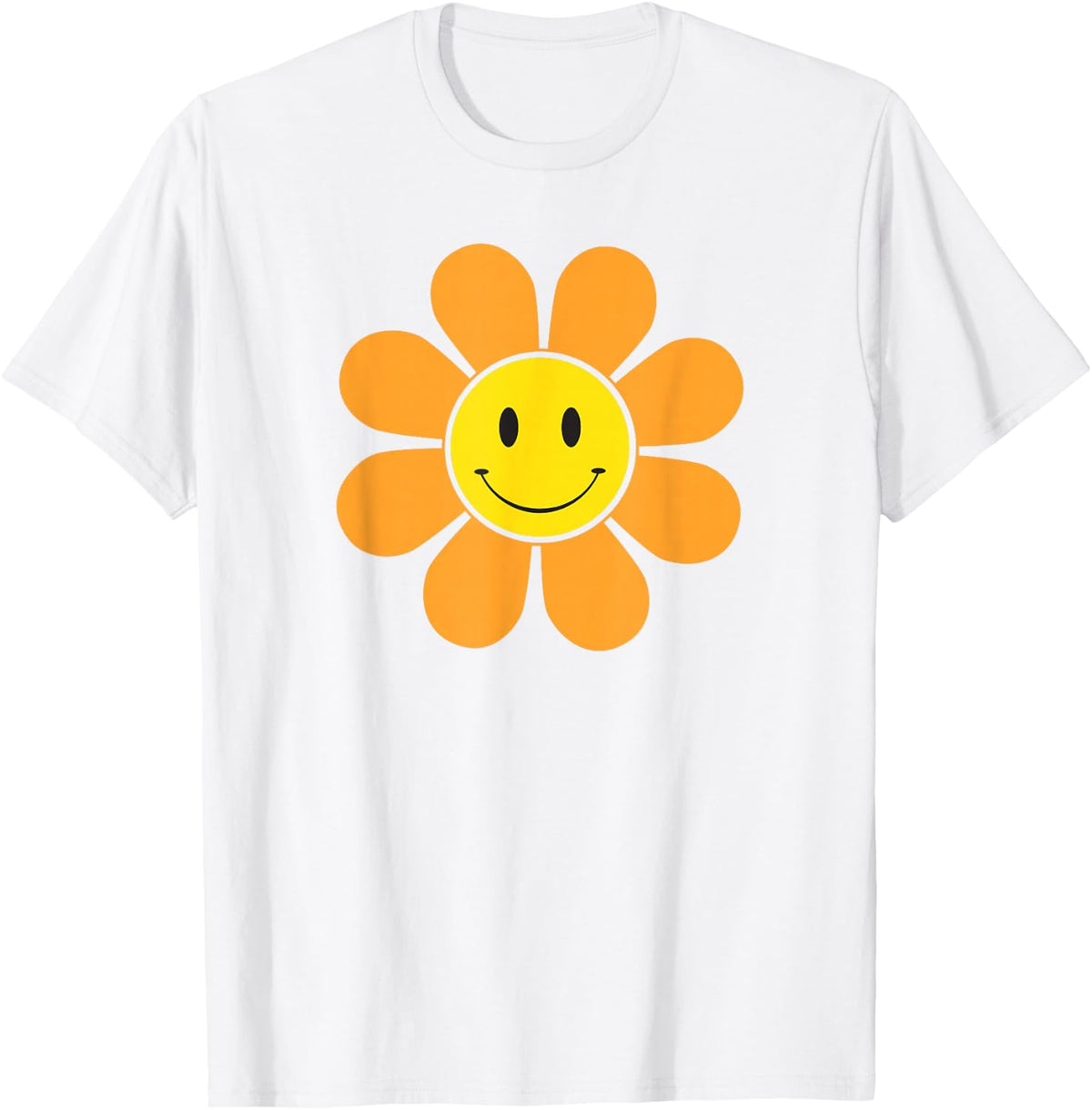 Orange 70s Retro Flower with a Yellow Smiling Face Summer T-Shirt