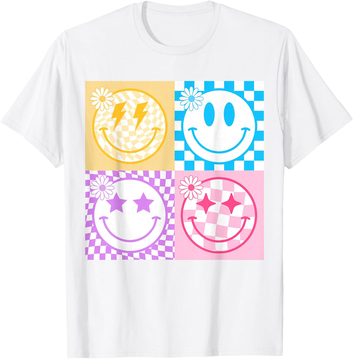 Retro Happy Face Shirt Checkered Pattern Smile Face Trendy T-Shirt