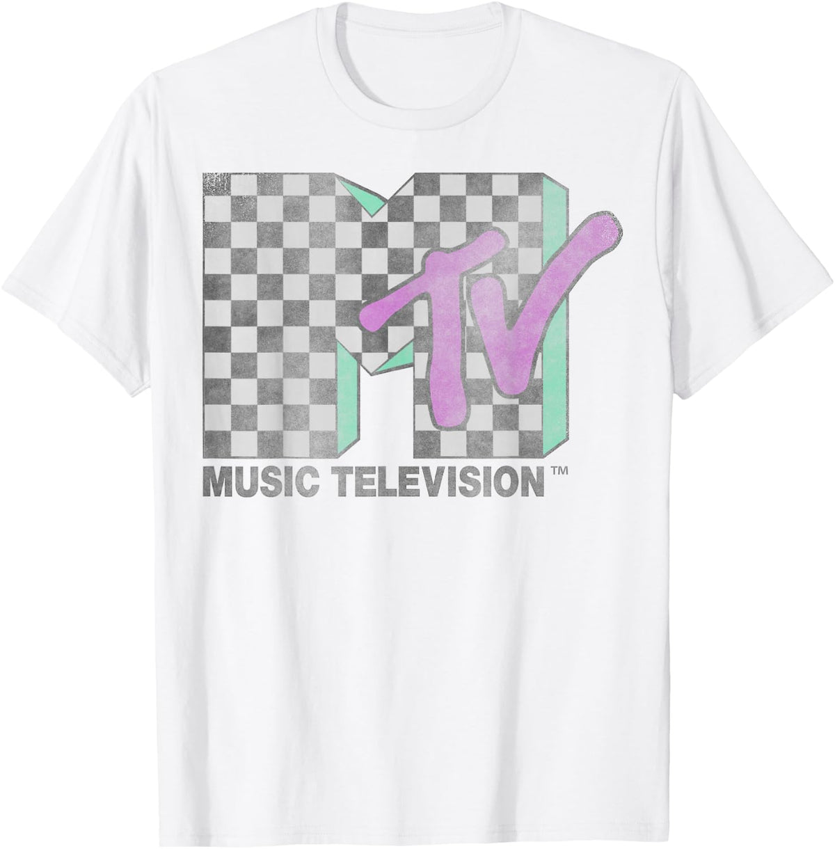 MTV Checkered Distressed Retro Logo Short Sleeve T-Shirt