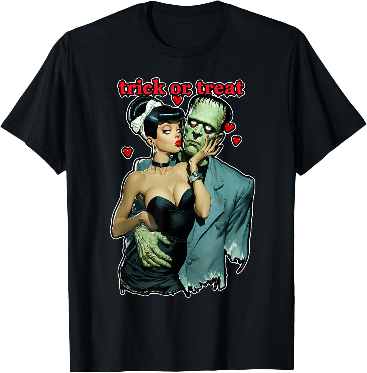 Halloween Romantic Frankenstein and Wife Love Heart Graphic T-Shirt