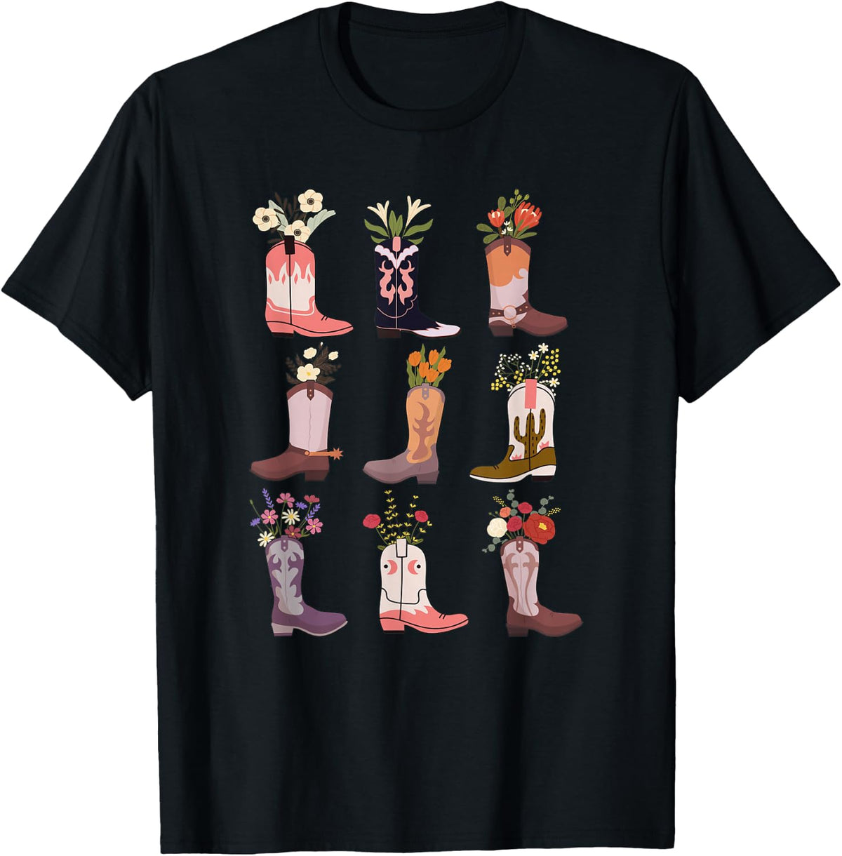 Floral Cowgirl Grid Pink Colourful Boots T-Shirt