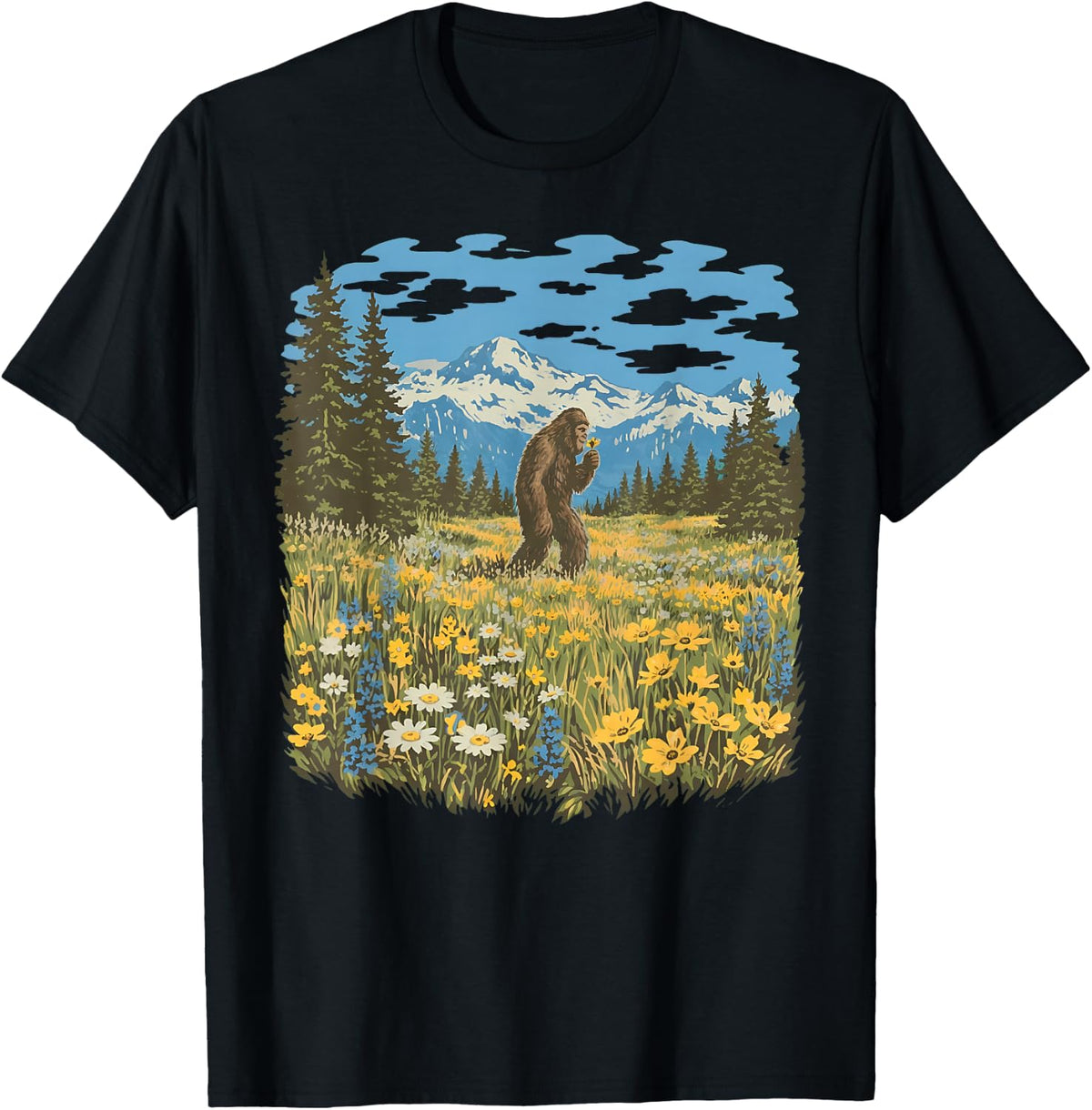 Vintage Sasquatch Floral Bigfoot Walks in A Field of Flowers T-Shirt