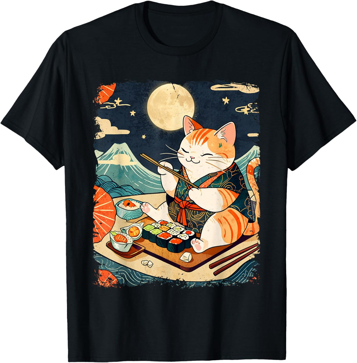 Cat Eating Sushi Japanese Anime Manga Kawaii Cat Ukiyo-e Art T-Shirt