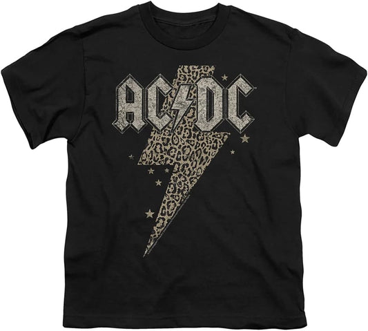 AC/DC Leopard Bolt Youth Unisex Boy Girl Short Sleeve Graphic T-Shirt Black
