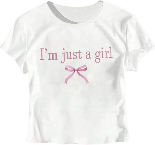 RoseSeek Girl's Graphic Tee Crew Neck Letter Bow Print Crop Tops Casual Cute Short Sleeve T Shirt