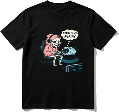 Cotton T-Shirt Skeleton Gaming with Cat Graphic Tee – Funny Gamer & Pet Lover Casual Soft Crewneck Top for Men Women