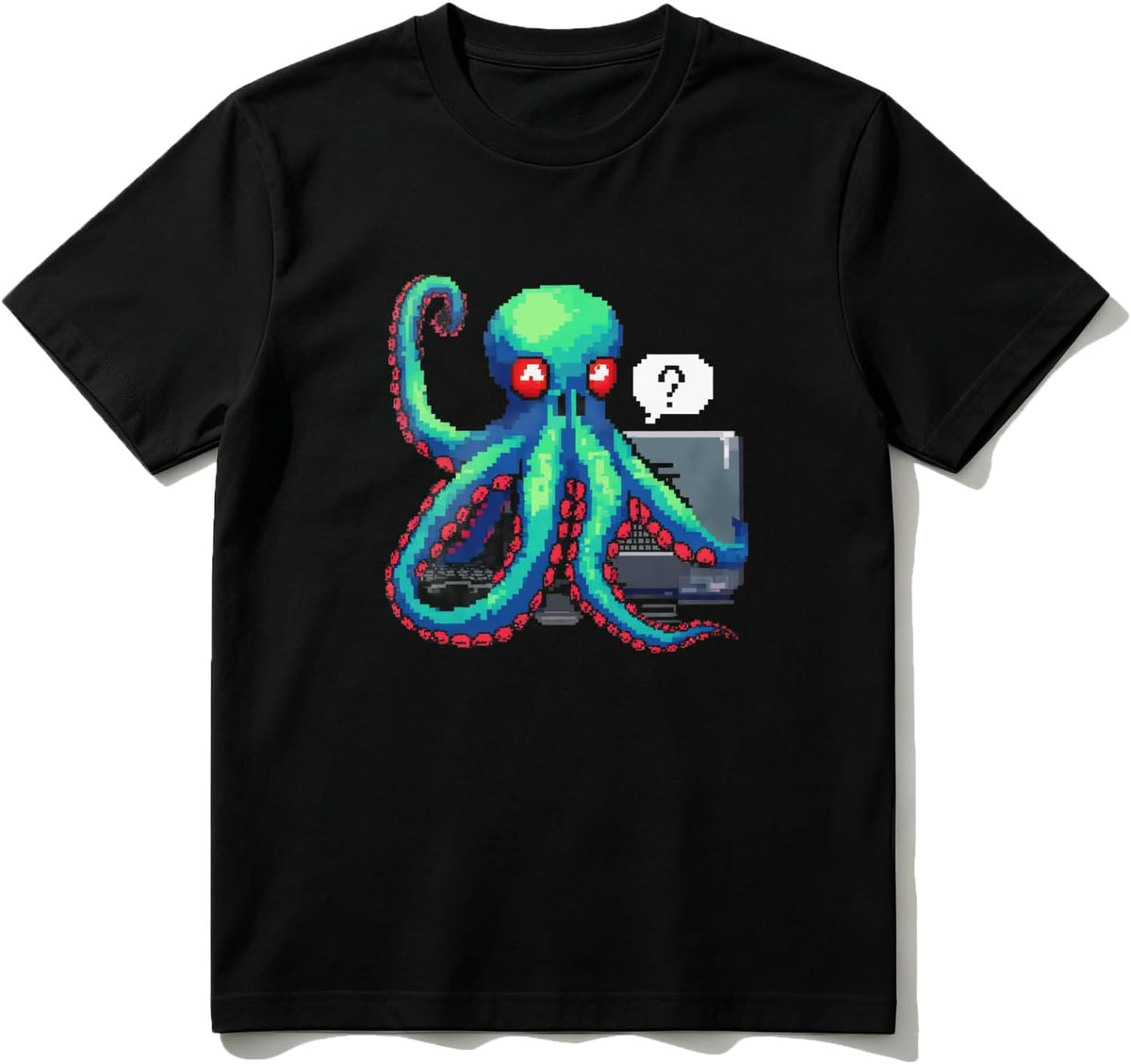 Cotton T-Shirt Octopus with Laptop and Red Eyes Casual Soft Crewneck Top