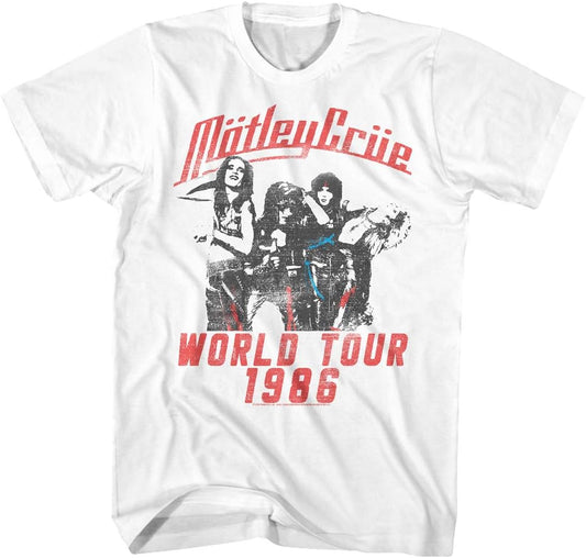 American Classics Motley Crue World Tour 1986 T Shirt White | Officially Licensed Motley Crue Merch, Unisex Crewneck Tee, Short Sleeve, 80s Classic Rock Band, Vintage Style Graphic
