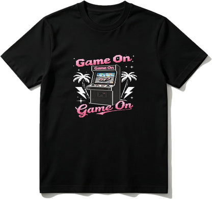 Cotton T-Shirt Game On Arcade Palm Trees Lightning Casual Soft Crewneck Top