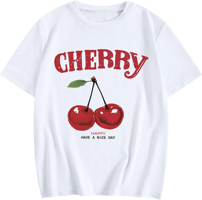 Bobeutou Cherry Shirt Women Fruit Graphic Printed Tshirt Vintage Tees Aesthetic Cute Preppy Cherries Shirts Casual Tops