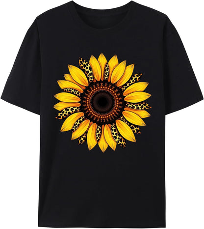 Women's Sunflower Graphic T Shirts, Flower Printed Short Sleeve Tees for Ladies, Cotton T-Shirts Summer Floral Tops