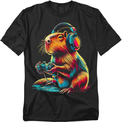 Popfunk Happy Capybara Gaming T-Shirt – Funny Gamer Animal Tee, Unisex