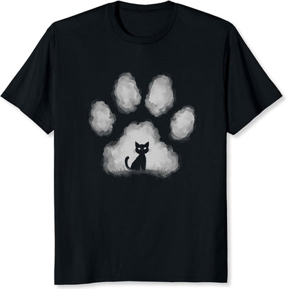 Black Cat with Paw Prints Shirt Cat Silhouette Graphic Tee Hand-Drawn Paw Shirt