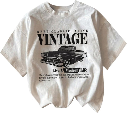 RoseSeek Women's Graphic Letter Tee Crew Neck Drop Shoulder Trendy Summer T Shirt Short Sleeve Vintage Car Print Top