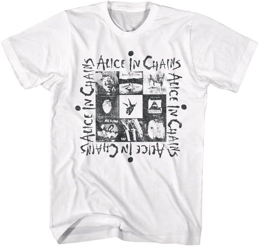 American Classics Alice in Chains Multi Album Art Graphic T Shirt White | Officially Licensed Alice in Chains Merch, Designed and Printed in the USA, 100% Cotton Crewneck Graphic Tee, Unisex