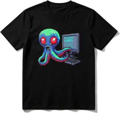 Cotton T-Shirt Octopus with Laptop and Red Eyes Casual Soft Crewneck Top