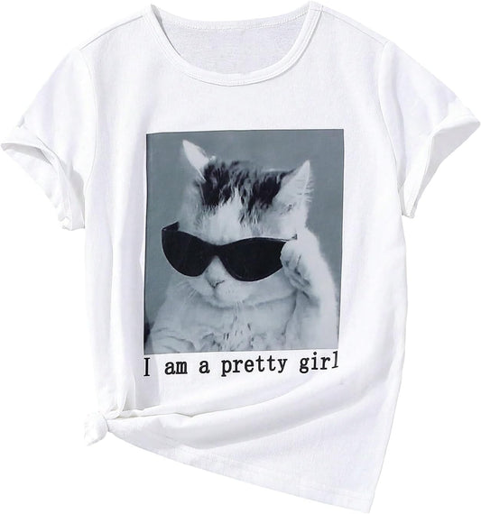 SOLY HUX Girl's Cute Cat Graphic Tees Letter Print Short Sleeve T Shirts Preppy Clothes Summer Tops
