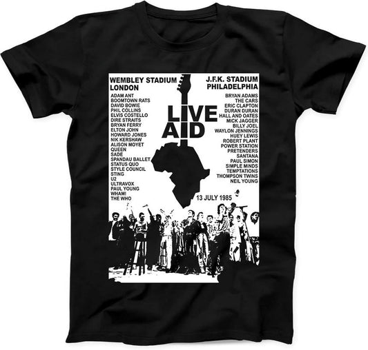 1985 Live Aid Concert Inspired T-Shirt, Music Gig Event Tee, 80s Retro Gift, Black Unisex Graphic Shirt