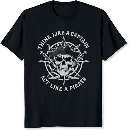 Think Like a Captain Act Like a Pirate T-Shirt Vintage Pirate Skull Compass Graphic Tee Soft Cotton Shirt
