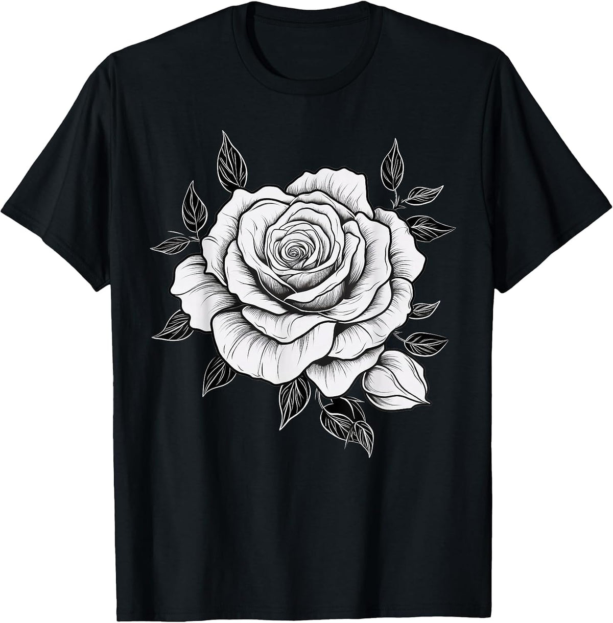 Minimalistic Rose Flower on Black and White Rose T-Shirt