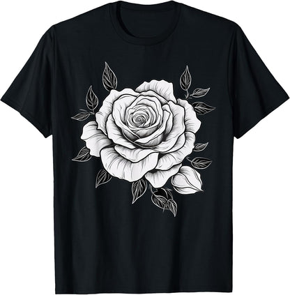 Minimalistic Rose Flower on Black and White Rose T-Shirt