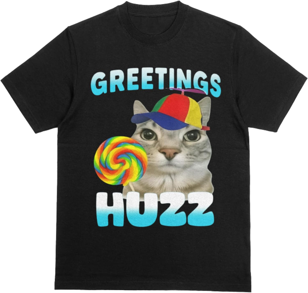 Greetings Huzz Funny Cat Meme Shirt - Ironic Brain Rot Tee for Cat Lovers, Unhinged Humor Gift