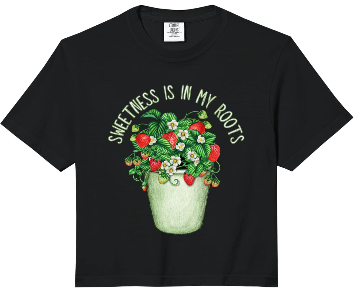 Womens Strawberry Plant Lover Sweetness is in My Roots Comfort Colors Crop Top