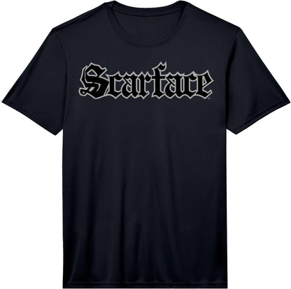 Mens Scarface Old English Silver Outlined Text Graphic T-Shirt Performance T-Shirt