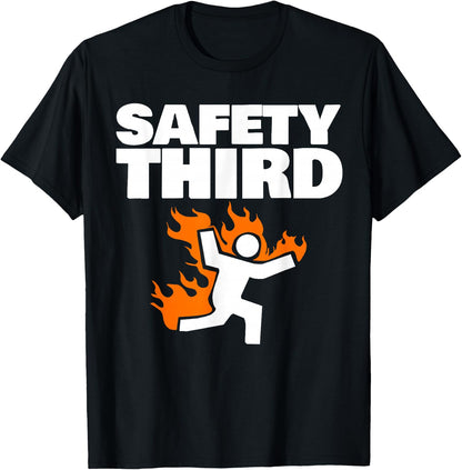 Safety Third Cartoon Figure on Fire Running Safety Third T-Shirt