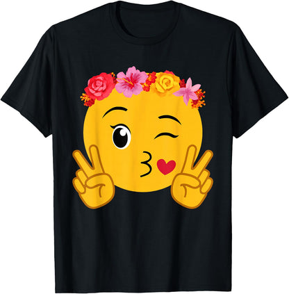 Funny Emoticon Peace Winking Flower Crown Lips Blowing Kiss T-Shirt
