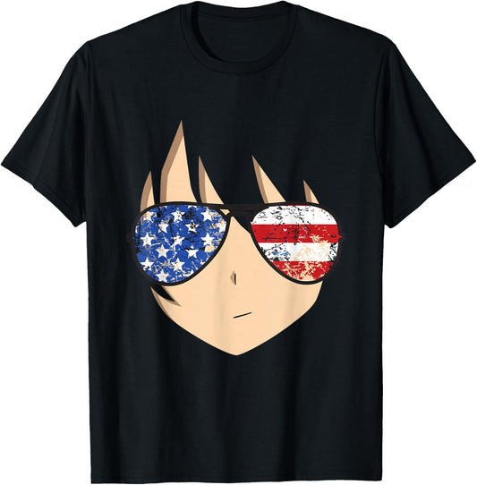 American Anime Face Shirt USA Sunglasses 4th of July T-Shirt