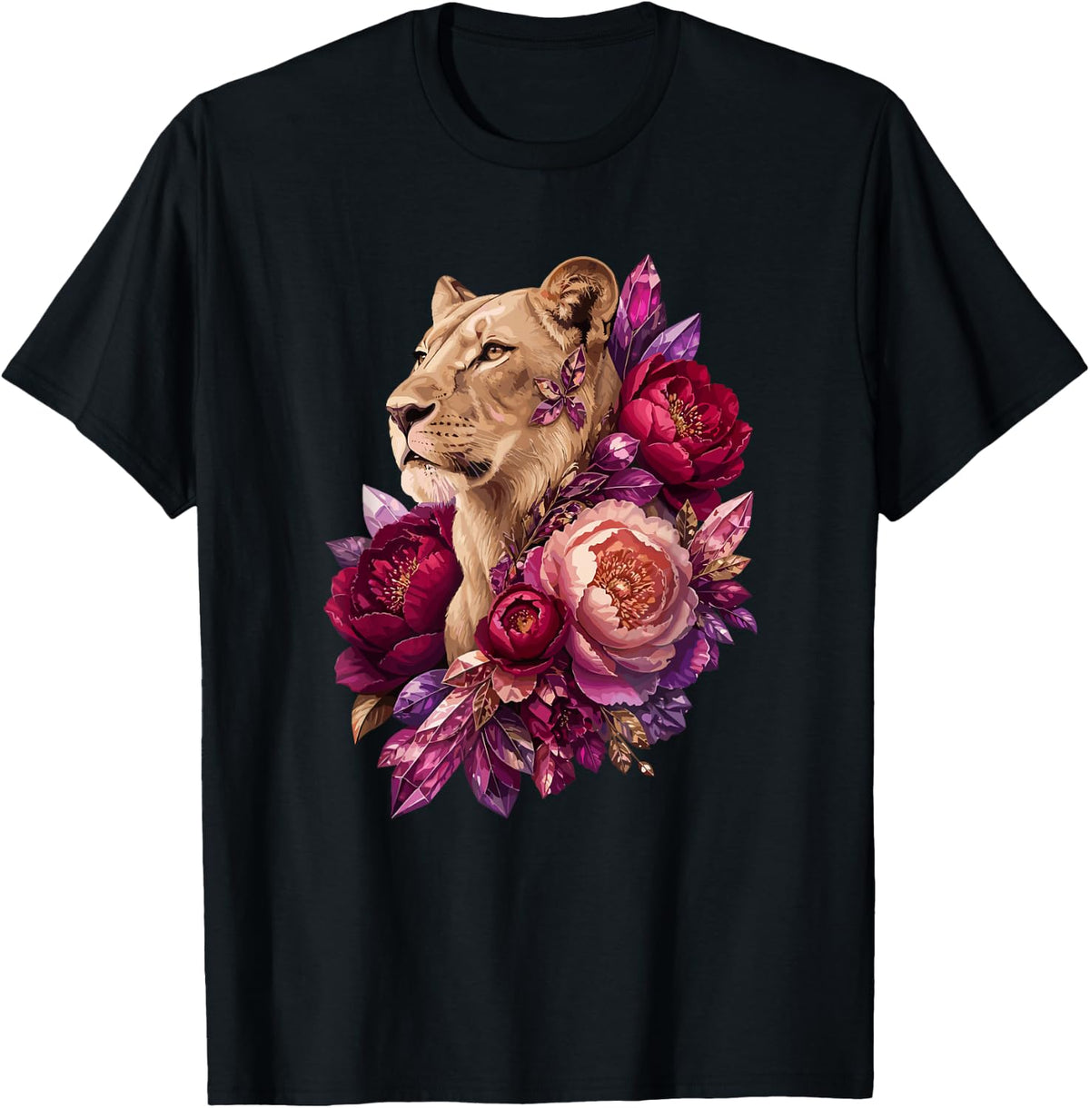 Majestic Lioness with Peony Flowers and Crystals T-Shirt