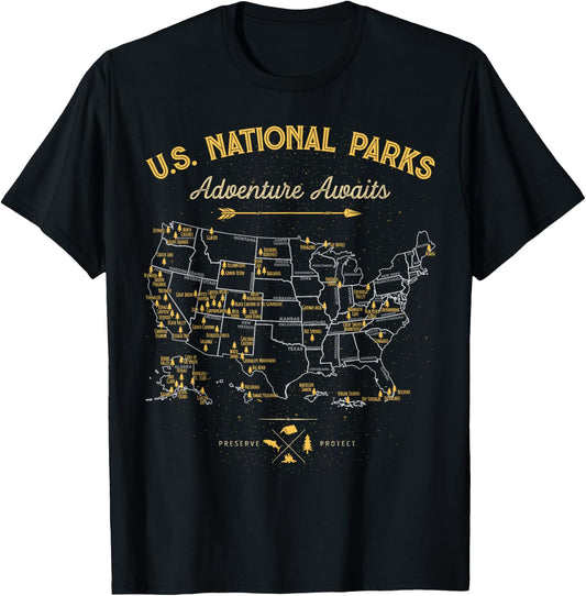 63 National Parks Map US Park Retro Vintage Camping Hiking T-Shirt
