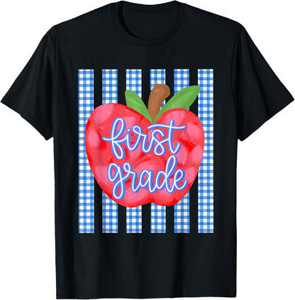 Striped First Grade Teacher Apple Back to School 1st Grade T-Shirt