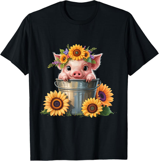 Cute Baby Pig Sunflowers In Bucket Piglet Farm Design T-Shirt