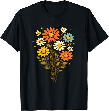 Bee and Daisy Retro Style Flower Graphic T-Shirt