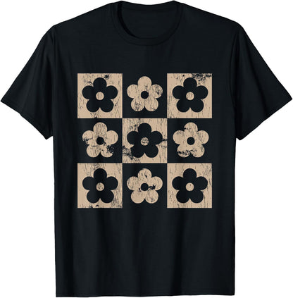 Neutral Checkerboard Daisy Flowers Retro Boho Floral Women T-Shirt