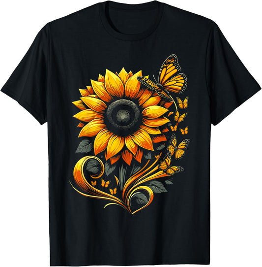 Sunflower Butterfly Floral Nature Art T-Shirt