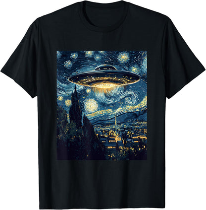 UFO Aliens Flying Saucer Van Gogh Style Starry Night T-Shirt