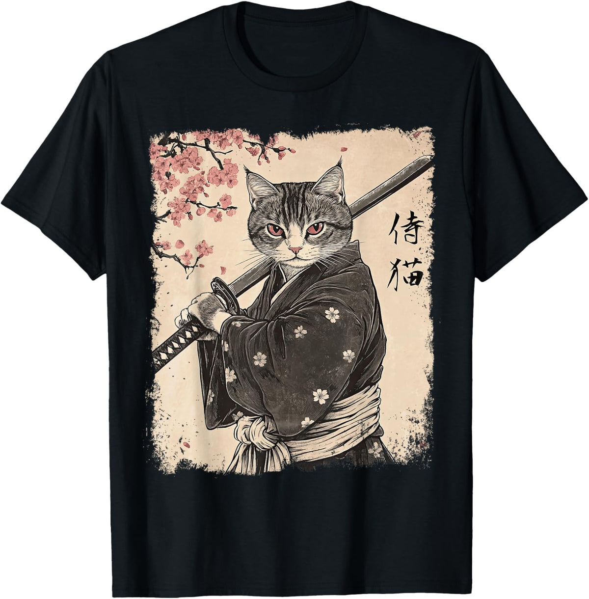 Samurai Cat Warrior Vintage Japanese Ukiyo-e Blossom Tree T-Shirt