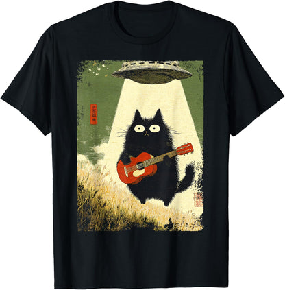 Black Cat Playing Guitar Abducted Alien UFO Funny Japanese T-Shirt