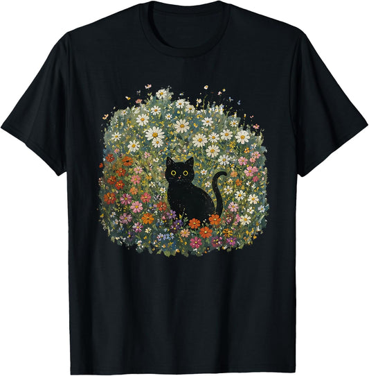 Black cat Wildflower Funny T-Shirt