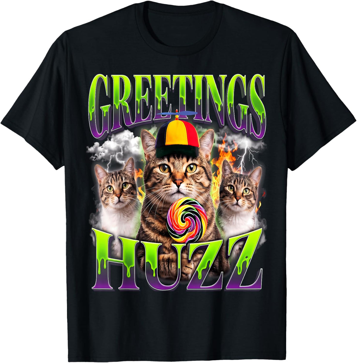 Greetings Huzz Funny Lollipop Cat Y2K Bootleg Men Women T-Shirt