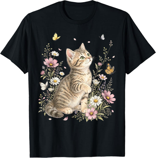 Cat Flower Floral Cute Kitten Vintage Flowers Cat Lover T-Shirt