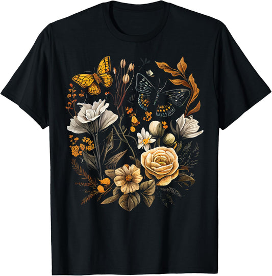 Vintage Pressed Flowers Butterflies Floral Boho Wildflowers T-Shirt