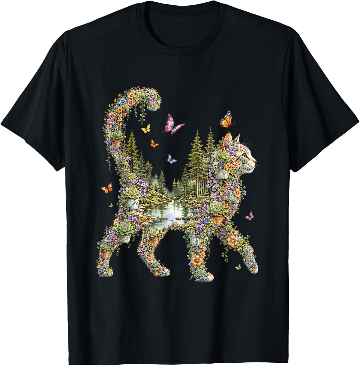 Boho Cat Plants Floral Nature Wildflower Succulent Cat Lover T-Shirt
