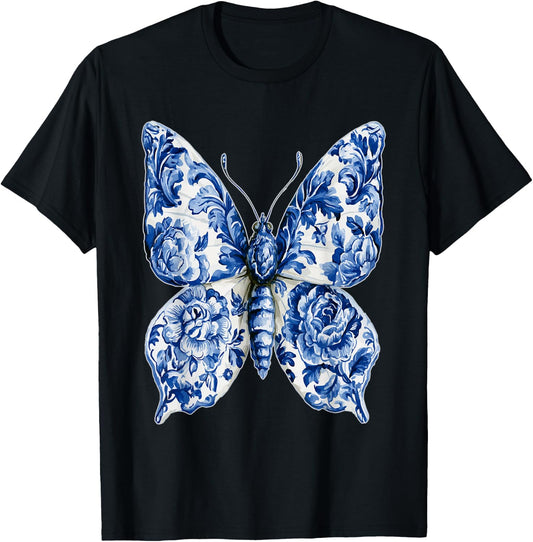 Vintage Floral Butterfly with Flowers Delft Art Chinoiserie T-Shirt