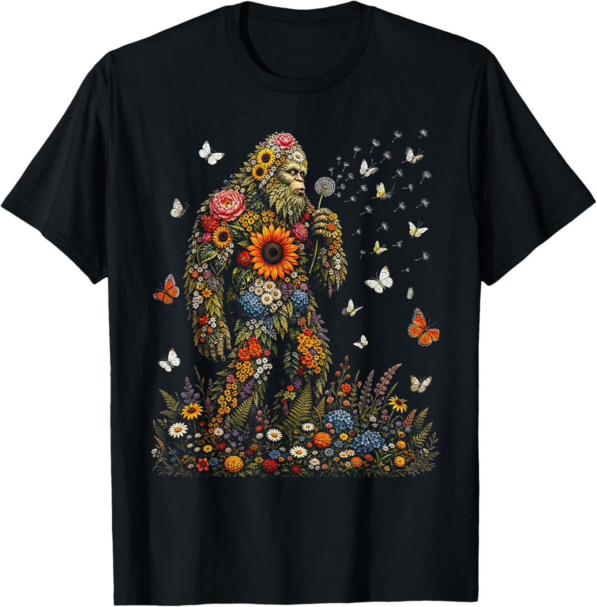 Floral Bigfoot Blowing Dandelion Flowers Sasquatch Lover T-Shirt