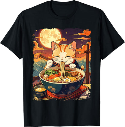 Cat Ramen Japanese Funny Graphic Kawaii Cat Anime Ukiyo-e T-Shirt