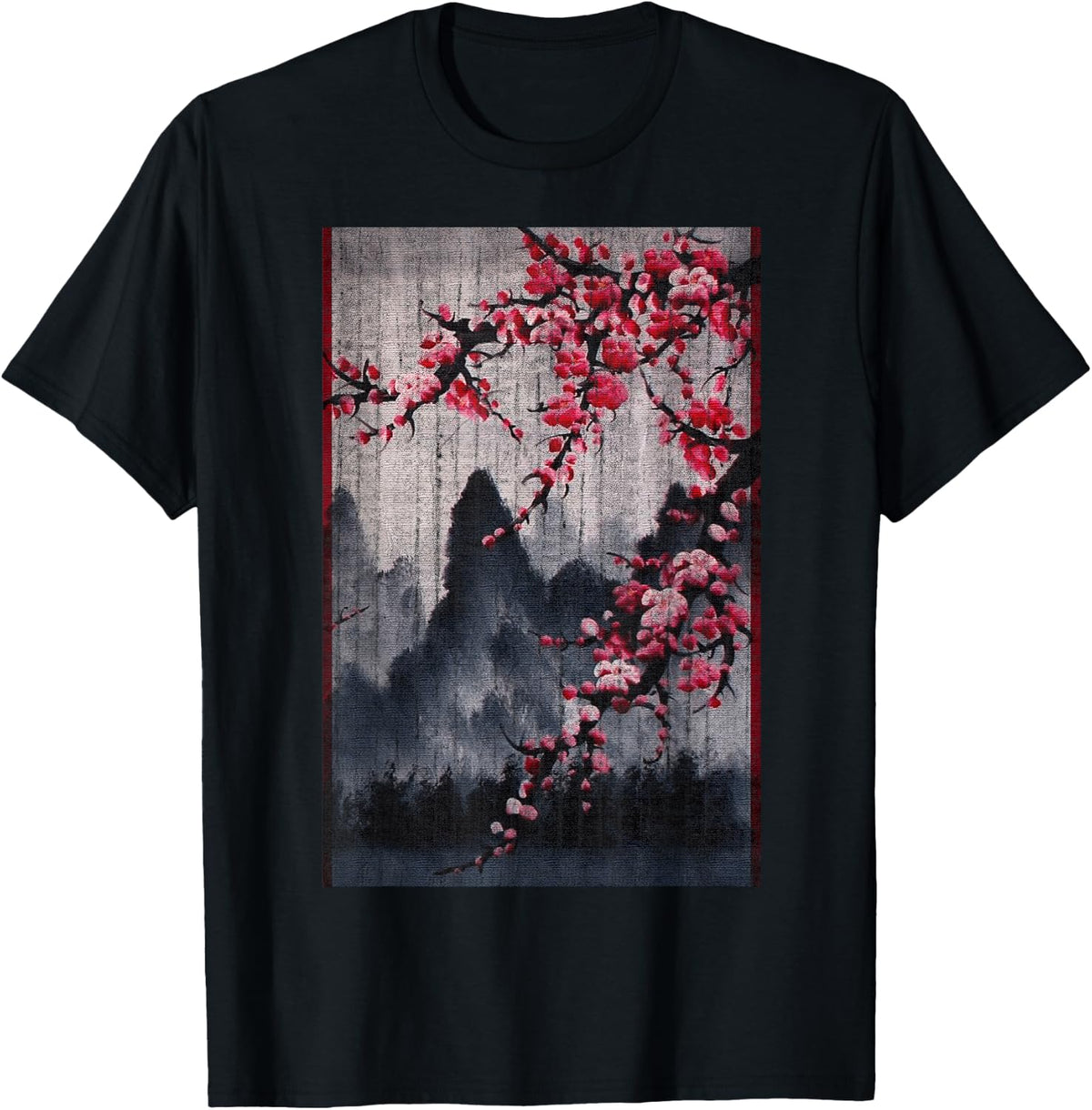 Vintage Cherry Blossom Woodblock Japanese Graphical Art T-Shirt